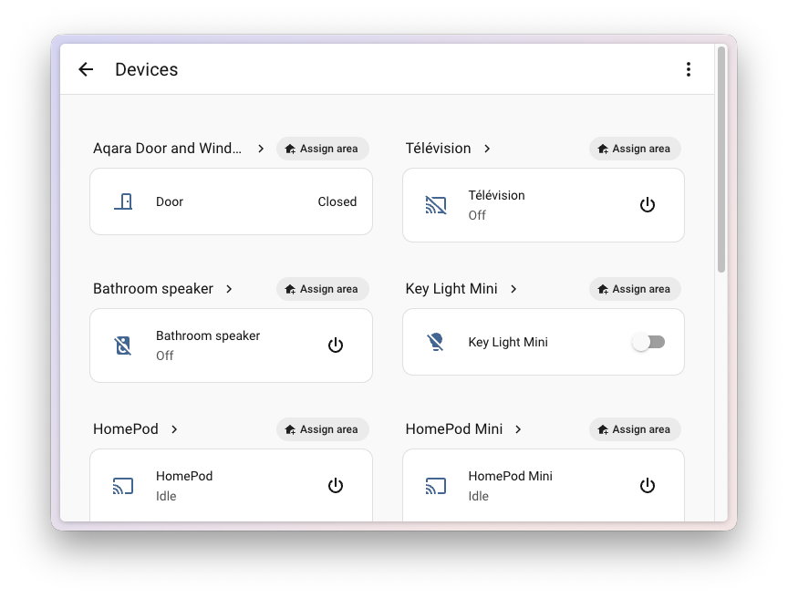 Screenshot of assigning devices to areas from Devices page in Overview